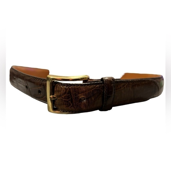 Brown Croc Alligator Grain Cowhide Leather Belt Bold Brass Buckle 36-40" Waist - Picture 12 of 12